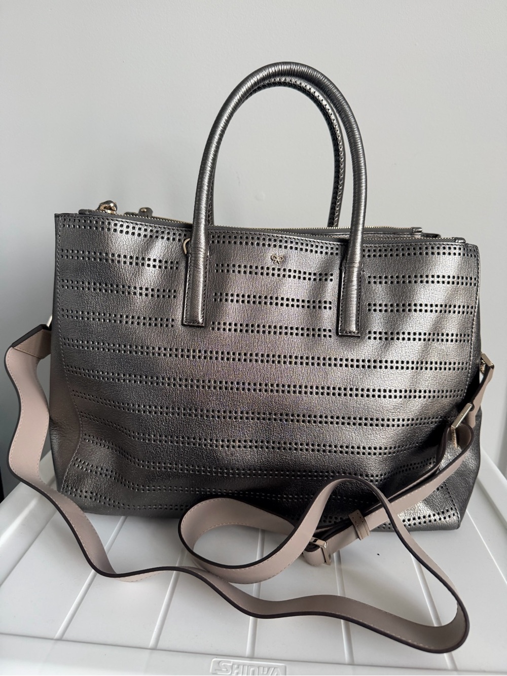 ANYA HINDMARCH Edbury Leather Crossbody Shoulder Bag Medium Pewter Work Tote